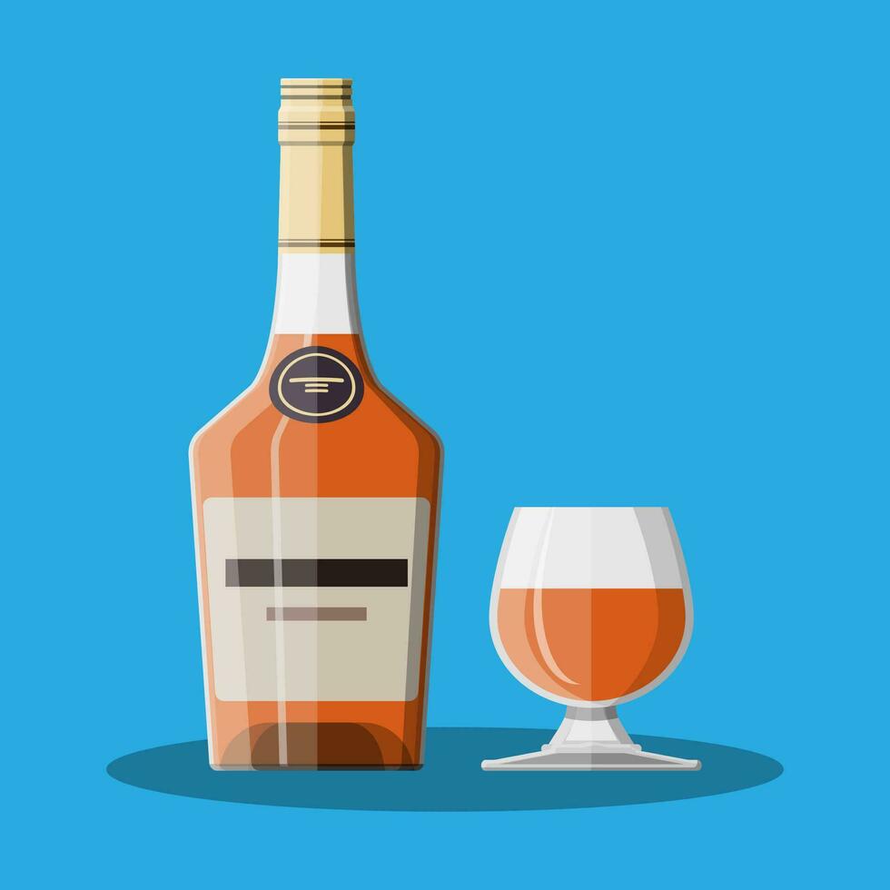 coñac botella y vaso. coñac alcohol beber. vector ilustración en plano estilo