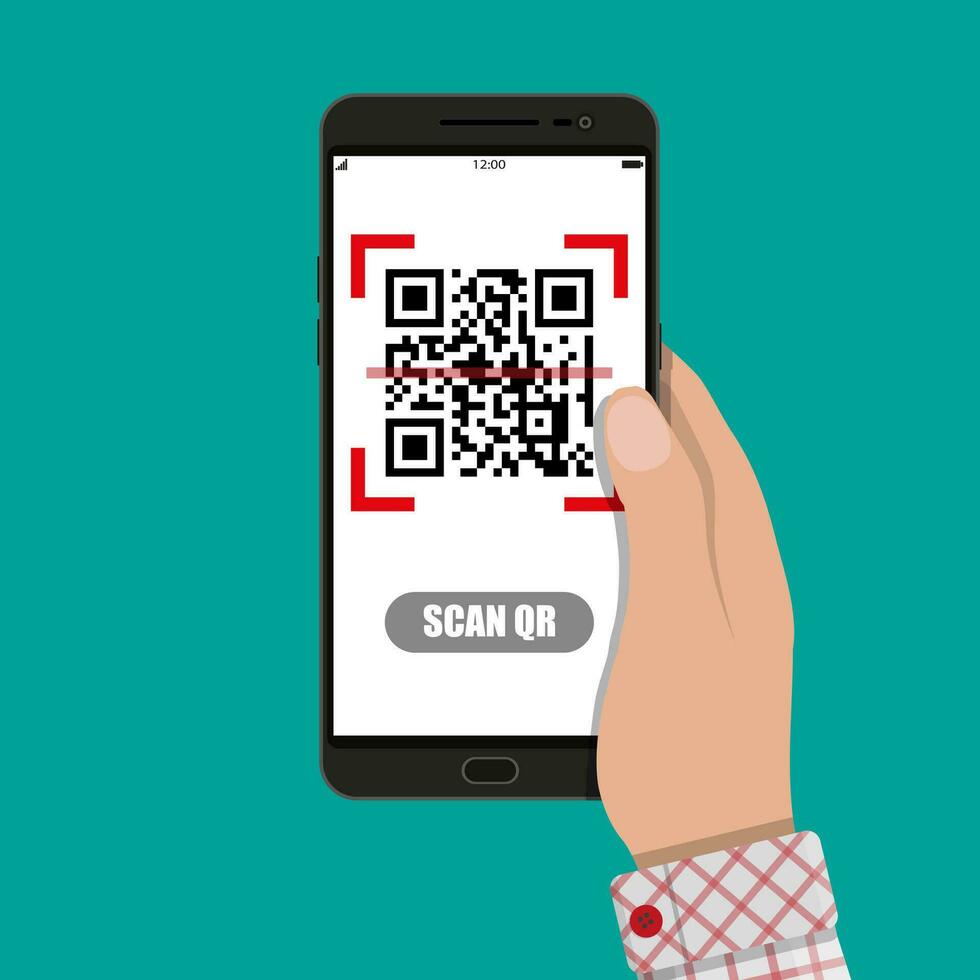Cartoon hand with mobile phone scanning QR code from document. Electronic scan, digital technology, barcode. Vector illustration in flat design on blue background