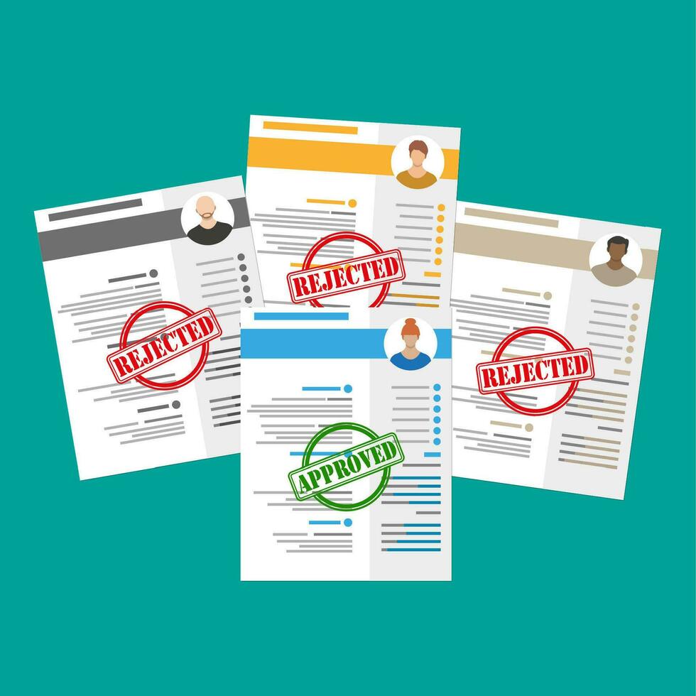 Human resources management concept, searching professional staff, work. Found right resume. Vector illustration in flat style