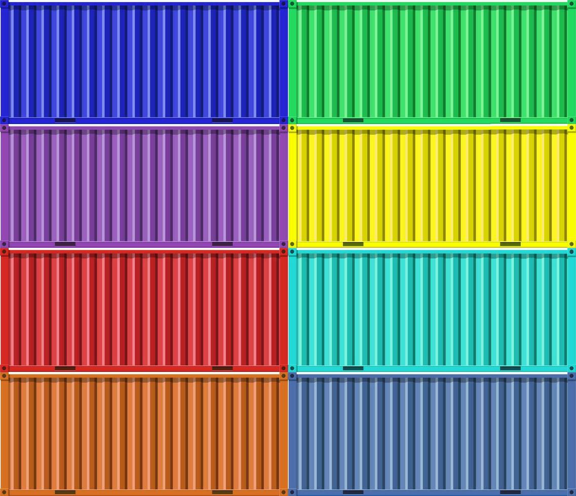 Colorful cargo shipping containers. Freight cargo transportation and sea port logistics. Vector illustration in flat style