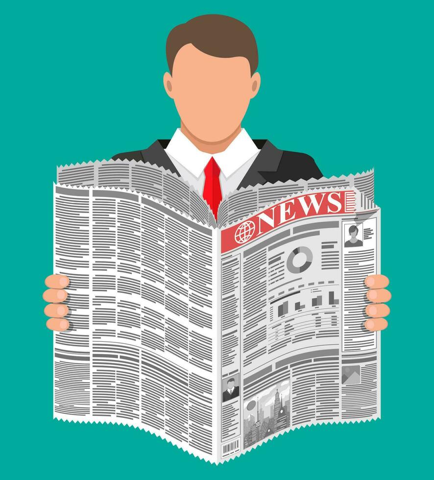 Businessman with coffee reading daily newspaper. News journal design. Pages with various headlines, images, quotes, text and articles. Media, journalism and press. Vector illustration in flat style.