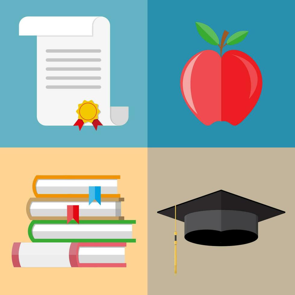 Education set. pile of books, graduation cap, diploma, apple. vector illustration in flat style