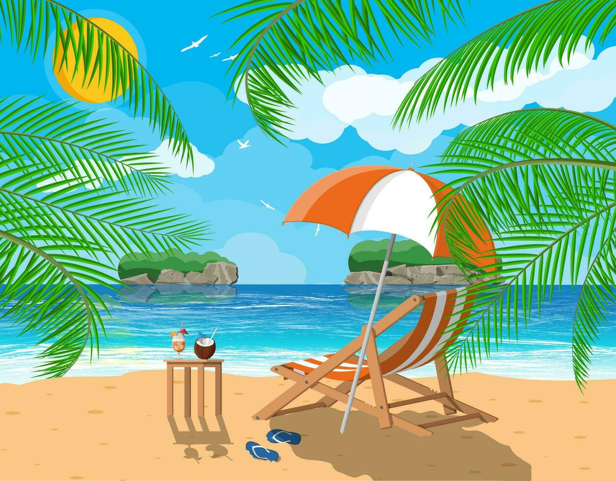 Landscape of wooden chaise lounge, palm tree on beach. Umbrella and flip flops. Sun with reflection in water and clouds. Day in tropical place. Vector illustration in flat style