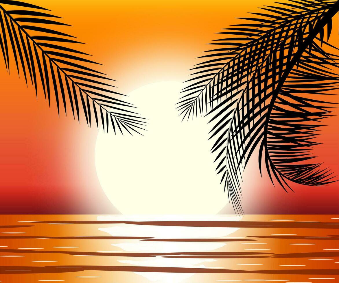 Silhouette of palm tree on beach. Sun with reflection in water. Sunset in tropical place. Vector illustration