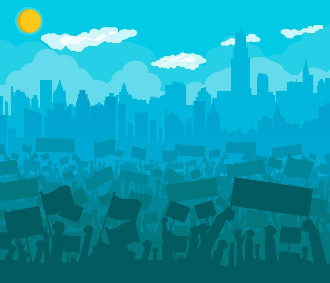Silhouette of cheering or protesting crowd with flags and banners. Protest, revolution, conflict in big city. Cityscape, clouds, sun. Vector illustration