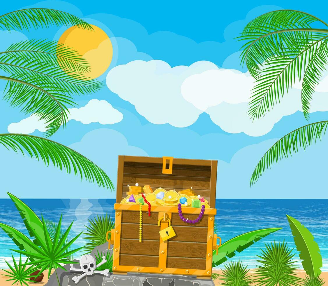 Pirates treasure island with chest full of gems and gold, death skull and crossbones. Beach with palm, coconuts. Sea, cloud and sun. Vector illustration in flat style