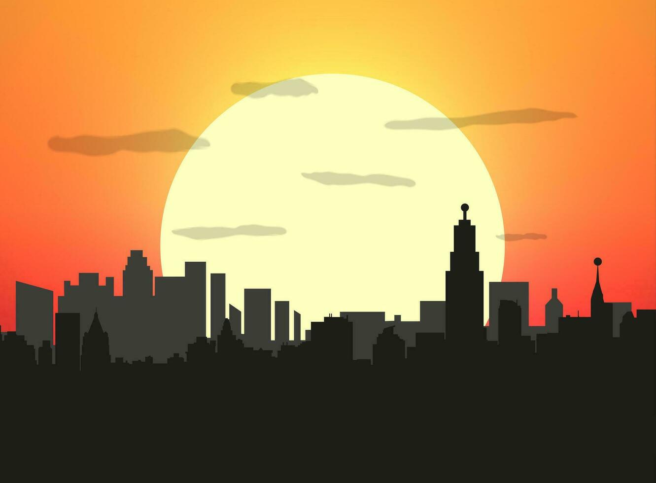 ciudad horizonte silueta a puesta de sol. vector ilustración