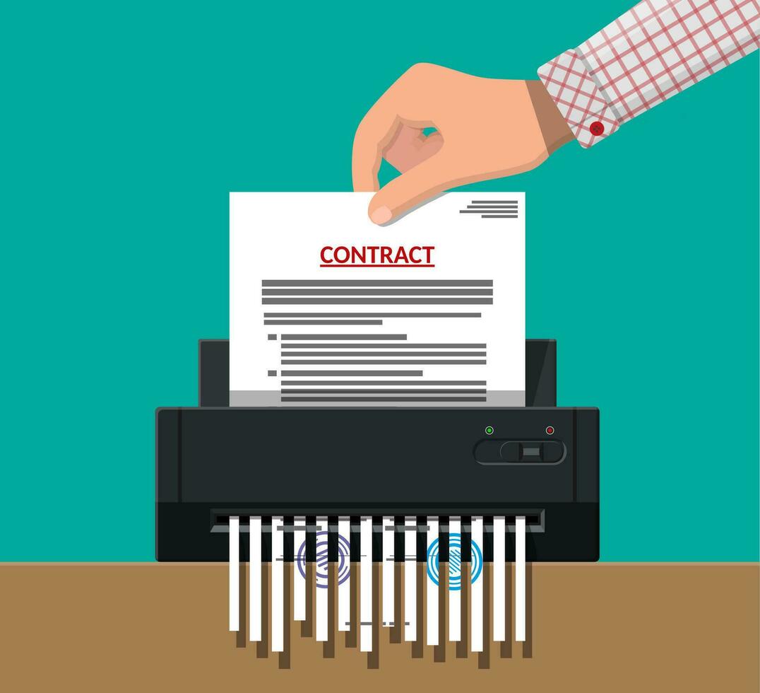 Hand putting contract paper in shredder machine. Torn to shreds document. Contract termination concept. Vector illustration in flat design