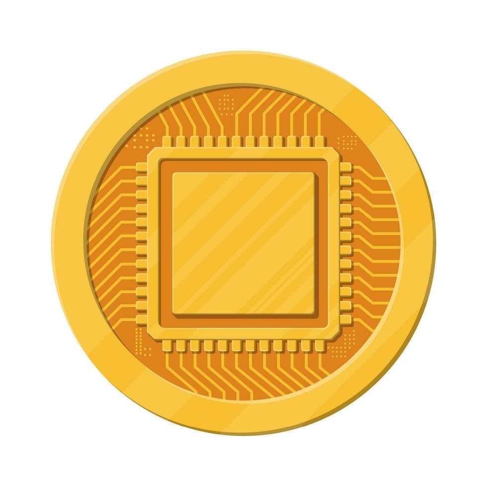 dorado moneda con computadora chip. dinero y finanzas. digital divisa. virtual dinero, criptomoneda y digital pago sistema. vector ilustración en plano estilo