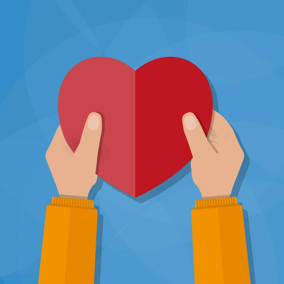 Hands holding the heart. Vector illustration in flat design on blue background