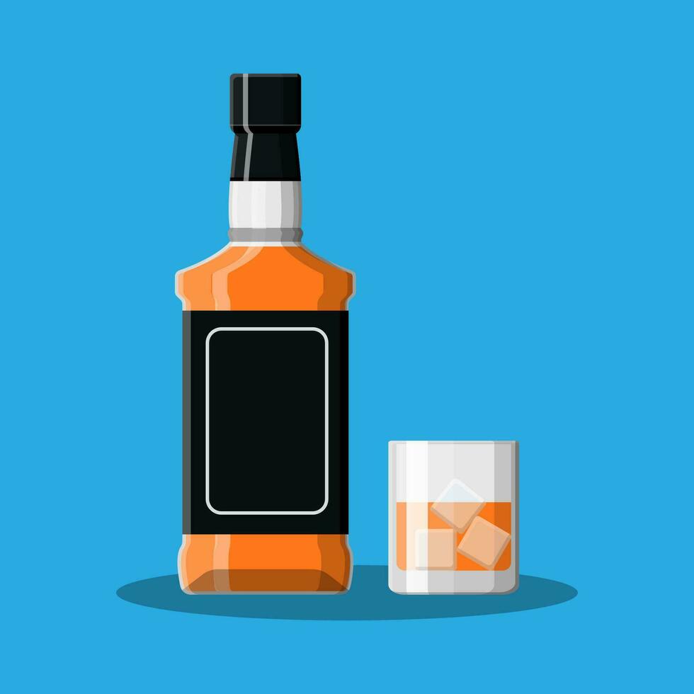 Bottle of bourbon whiskey and glass with ice. Whiskey alcohol drink. Vector illustration in flat style