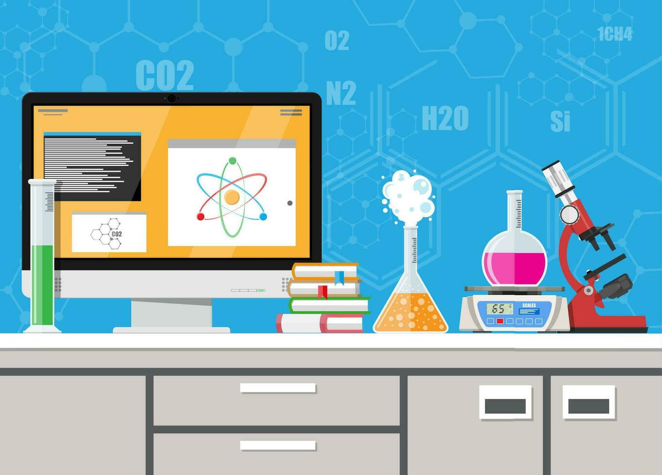 Laboratory equipment, jars, beakers, flasks, scales, microscope and pile of books. Computer with software. Biology science education medical. Vector illustration in flat style