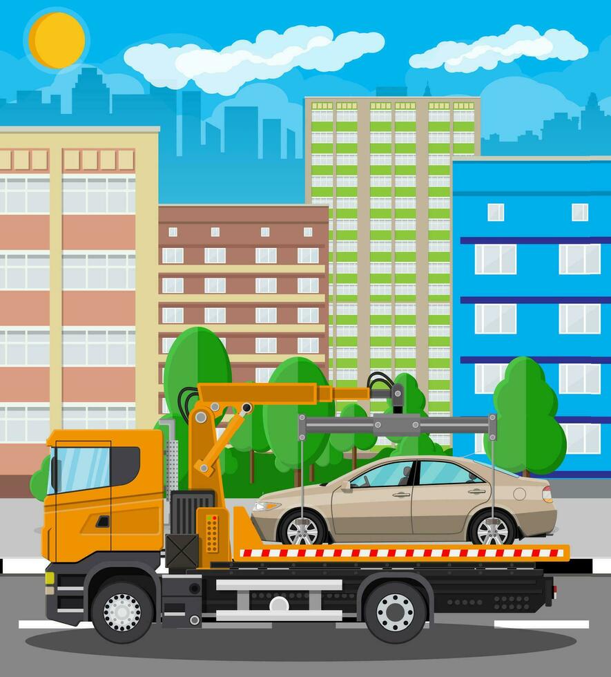 Tow truck takes car. Parking is prohibited. City road side assistance service. Evacuator car vehicle. Cityscape, suburb, house, tree. Road, sky, clouds. Vector illustration in flat style