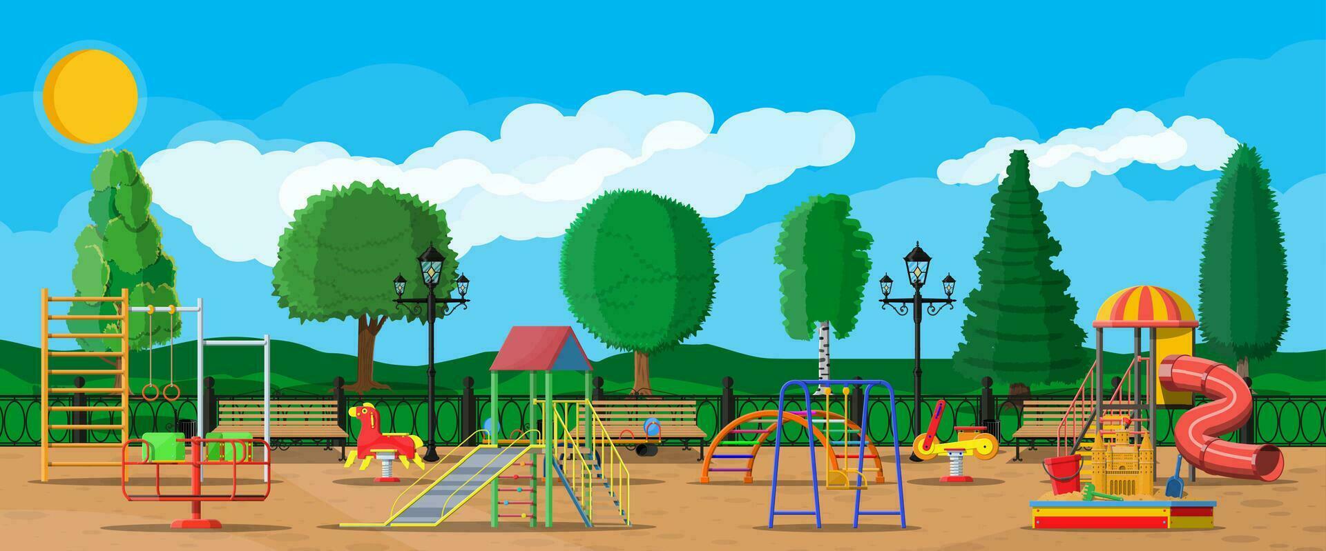 Kids playground kindergarten panorama. Urban child amusement. Slide ladder, rocking toy on spring, slide tube, swing carousel balancer, sandbox bucket rake castle scoop. Vector illustration flat style