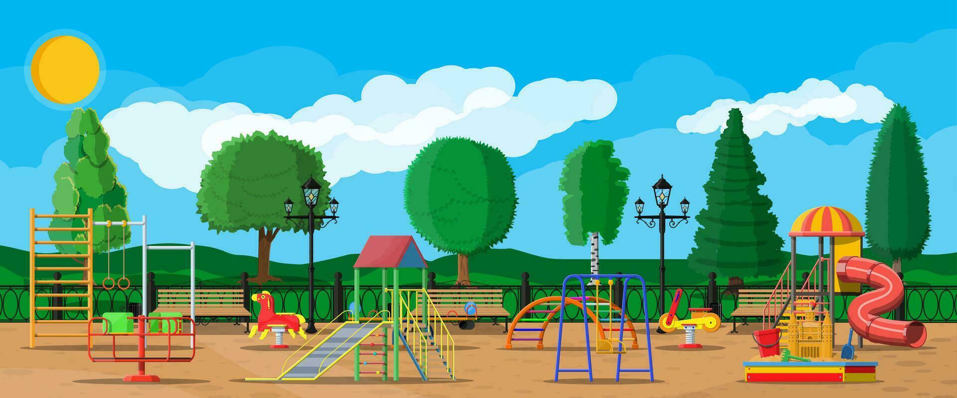 niños patio de recreo jardín de infancia panorama. urbano niño diversión. diapositiva escalera, balanceo juguete en primavera, diapositiva tubo, columpio carrusel balancín, salvadera Cubeta rastrillo castillo cucharón. vector ilustración plano estilo