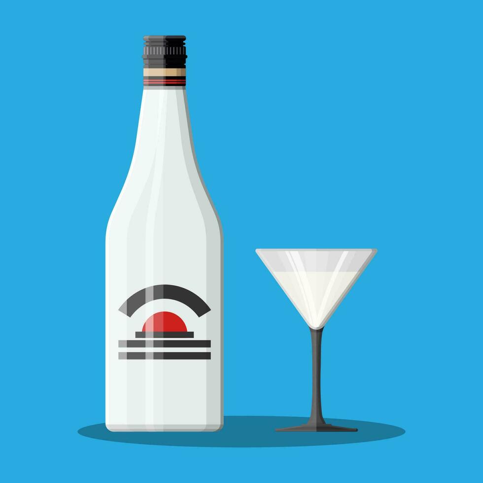 Bottle of rum with coconut and glass. Rum alcohol drink. Vector illustration in flat style