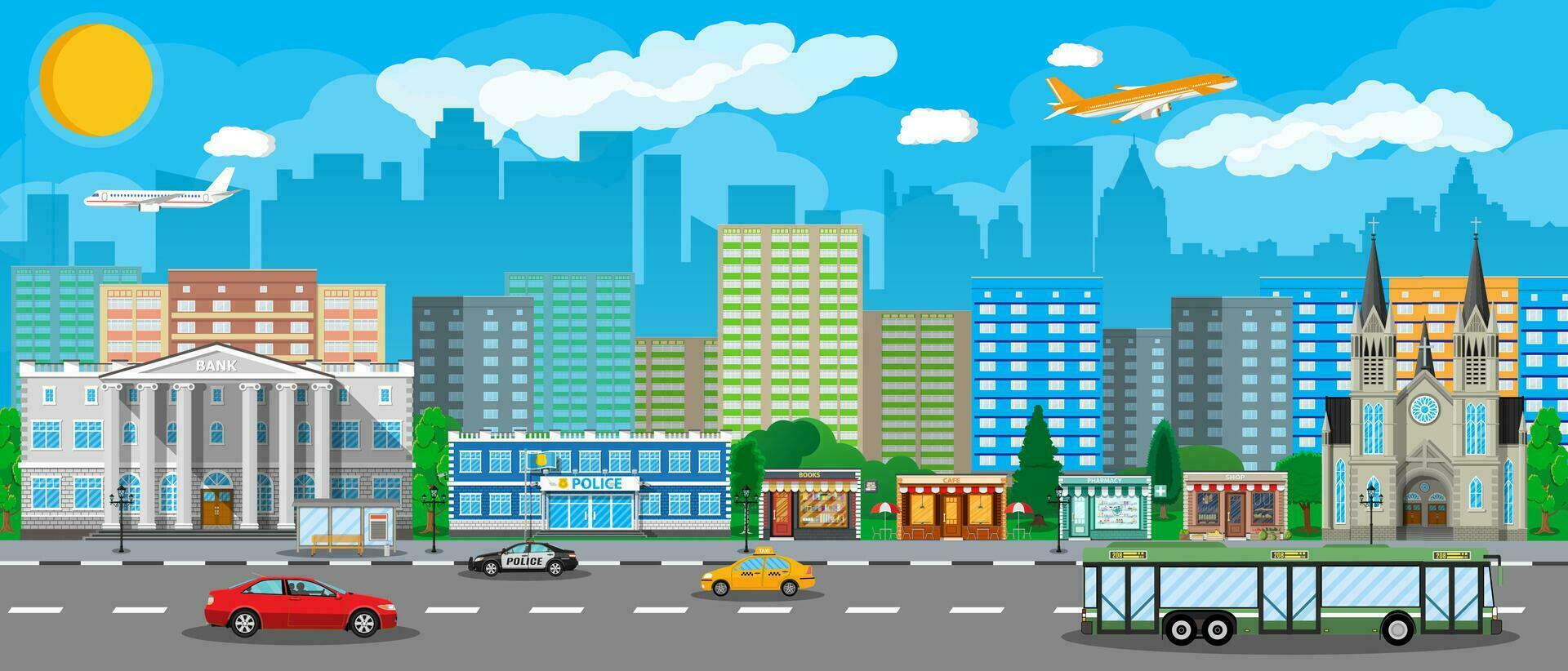 City view. Cityscape. Office and residental buildings, shops, church, bank, police. Road, bus and cars. Public transportation system. Clouds sky aircraft and sun. Vector illustration in flat style