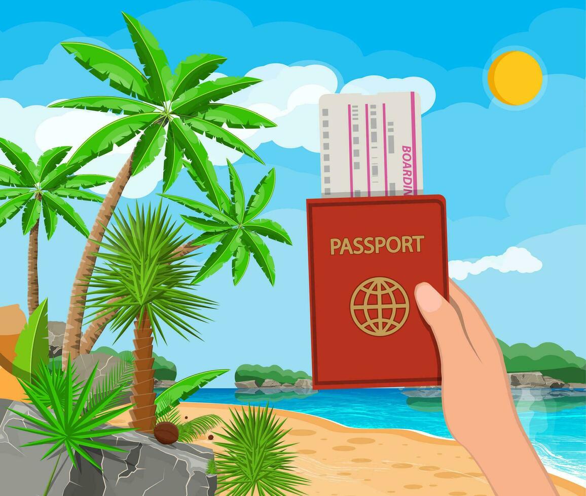 pasaporte y avión boleto en mano. paisaje de palma árbol en playa. Dom con reflexión en agua y nubes día en tropical lugar. vacaciones y vacaciones. vector ilustración en plano estilo