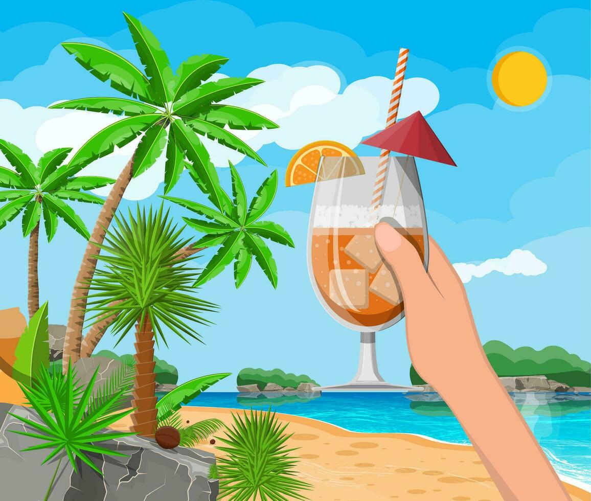 Glass of cold drink, alcohol cocktail in hand. Landscape of palm tree on beach. Sun with reflection in water and clouds. Day in tropical place. Vacation and holidays. Vector illustration in flat style