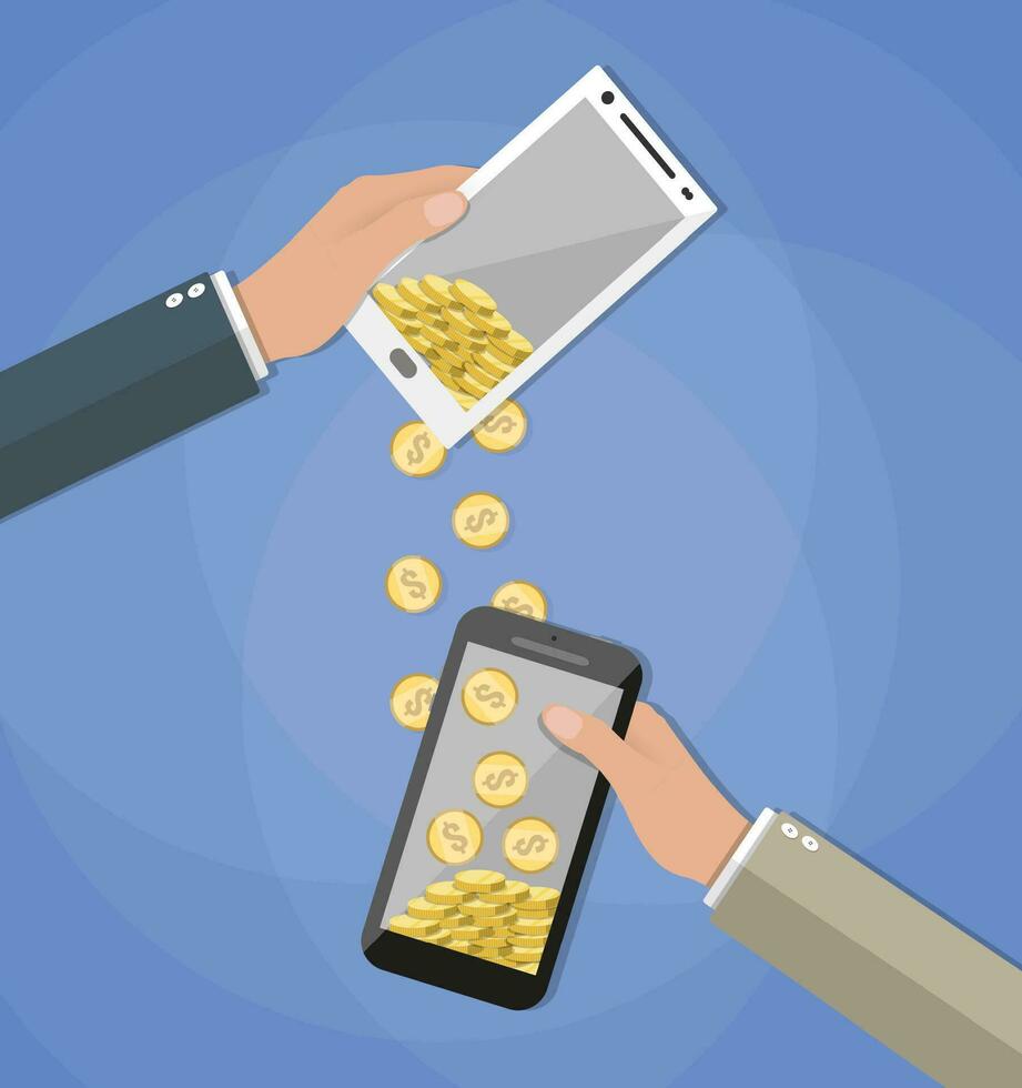 Mobile banking concpet. People sending and receiving money wireless with their mobile phones. Hands holding smart phones with banking payment apps. Vector illustration in flat style on blue background