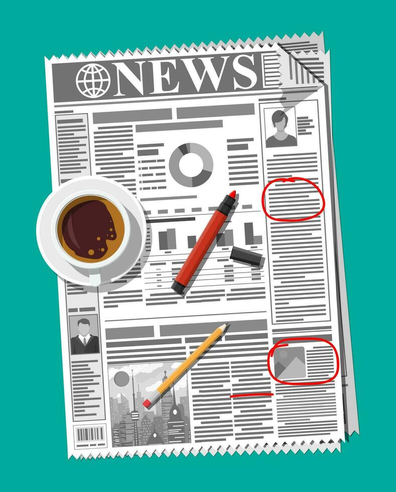 Newspaper with notes and reminders, cup of coffee, pencil. Morning business elements, breakfast, coffeebreak. Pages with headlines, images, quotes, text and articles. Vector illustration flat style