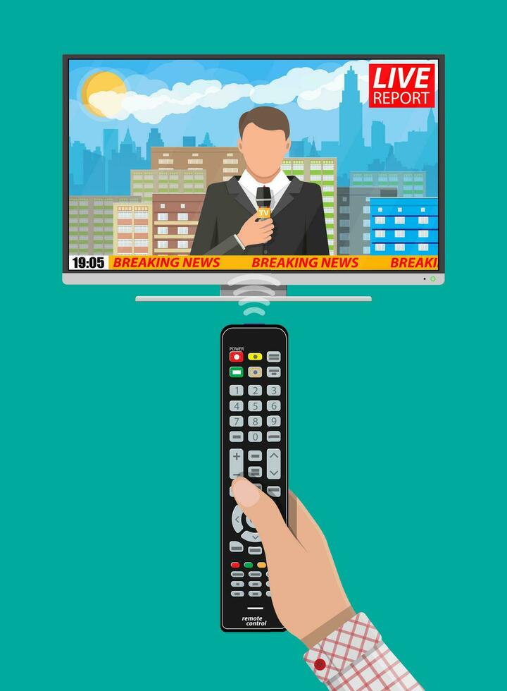Modern flat screen tv with news. Cityscape with buildings, clouds, sky, sun. Journalism, live report, breaking hot news, television and radio casts concept. Vector illustration in flat style