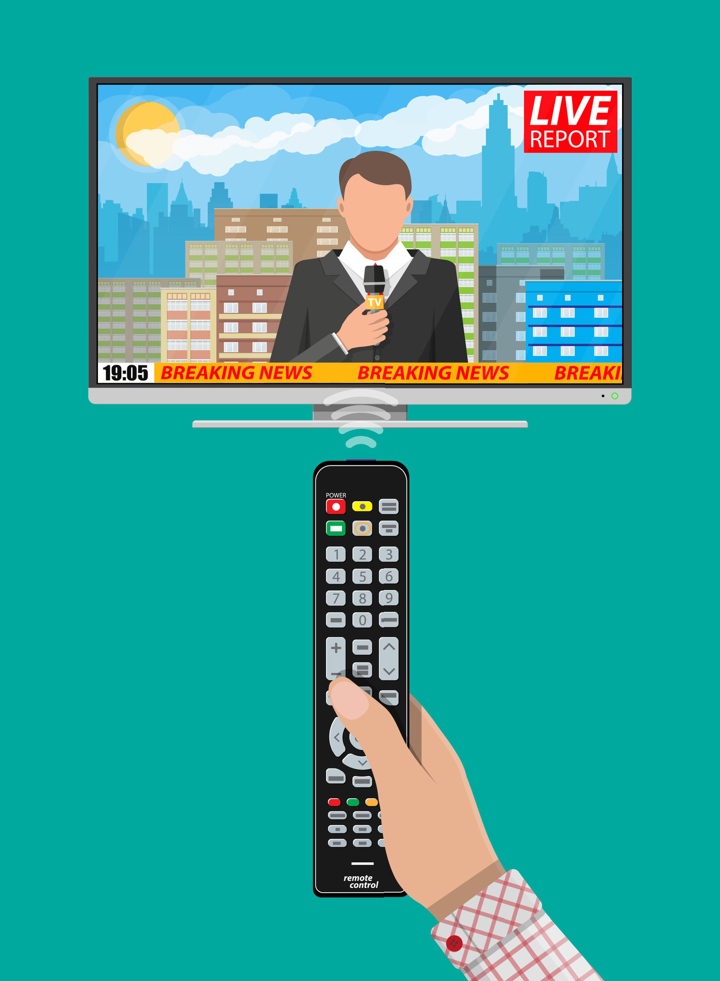 Modern flat screen tv with news. Cityscape with buildings, clouds, sky ...