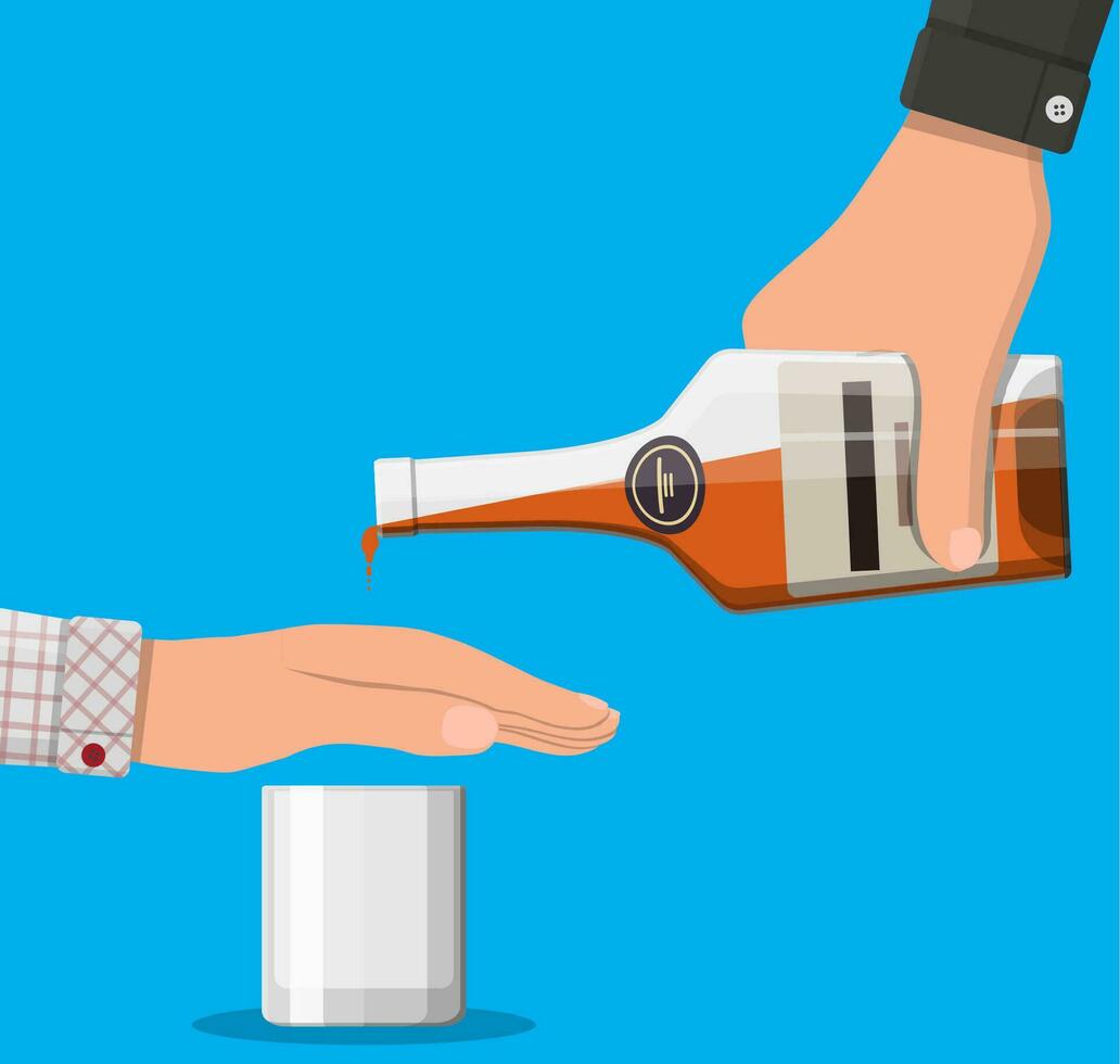 Alcohol abuse concept. Hand gives bottle of whiskey to other hand. Stop alcoholism. Rejection. Vector illustration in flat style.