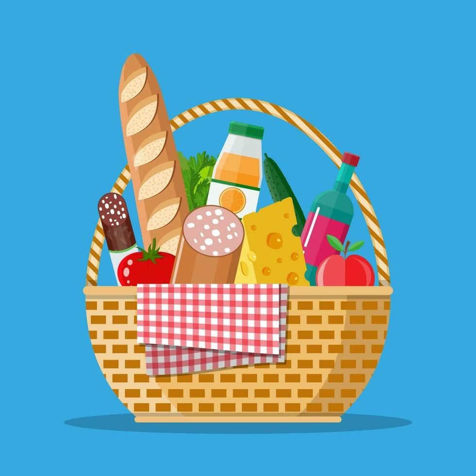 WIcker picnic basket with gingham blanket full of products. Bottle of wine, sausage, bacon, cheese, apple, tomato, cucumber, salad, orange juice. Vector illustration in flat style