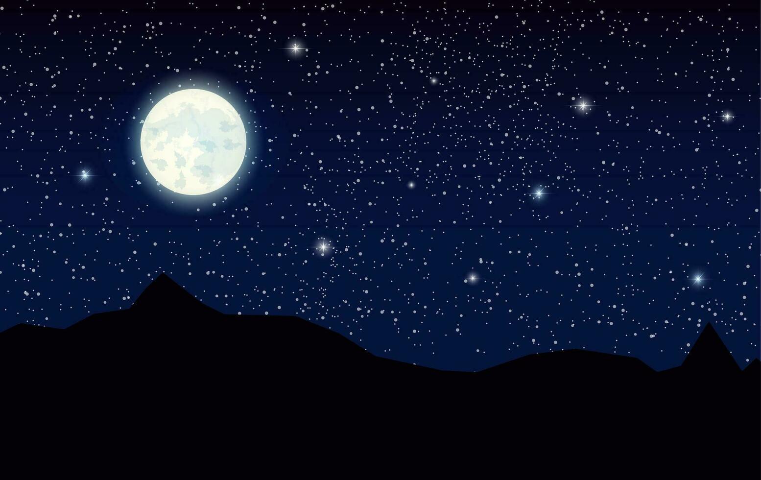 Space landscape with silhouette mountains and full moon. Sky with stars. Vector illustration