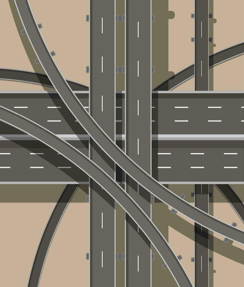 Modern roads and transport. Top view. Road and highway junction. Intersections and overpasses. Above view. Vector illustration in flat style