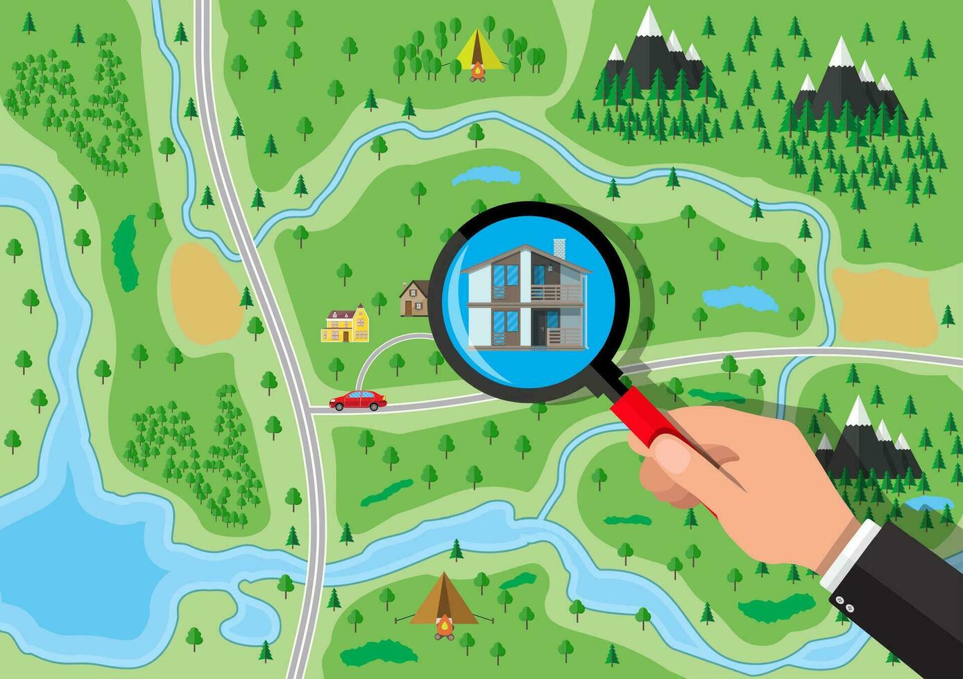 Hand with magnifying glass selects house. Village, trees, road, sky and clouds. Real estate, sale and rent house. Vector illustration in flat style