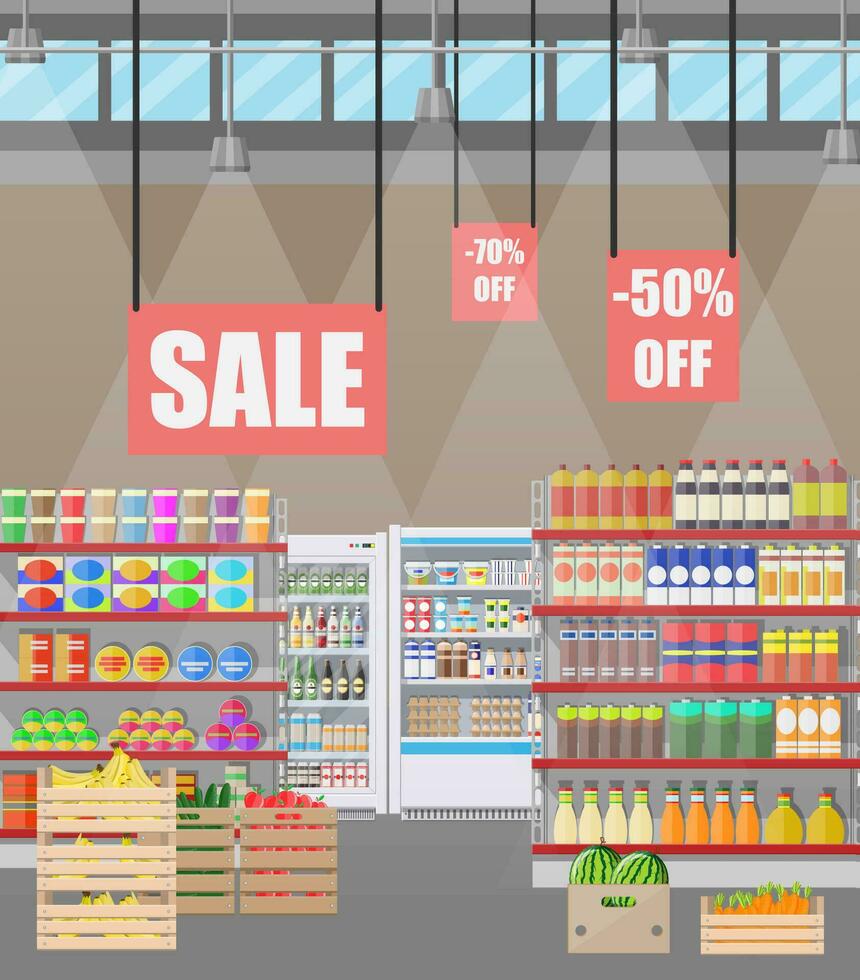 Supermarket store interior with goods. Big shopping mall. Interior store inside. Grocery, drinks, food, fruits, dairy products. Vector illustration in flat style