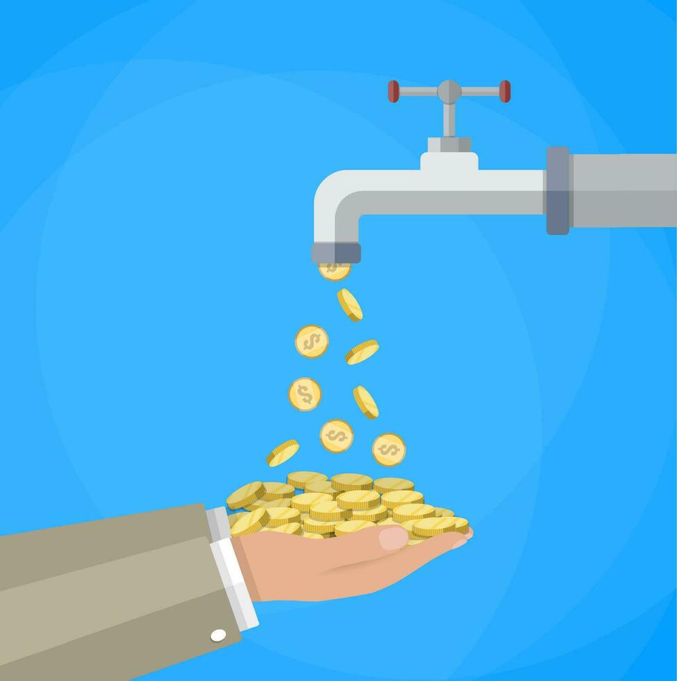 Money coins flows to hand from tap. vector illustration in flat style on blue background