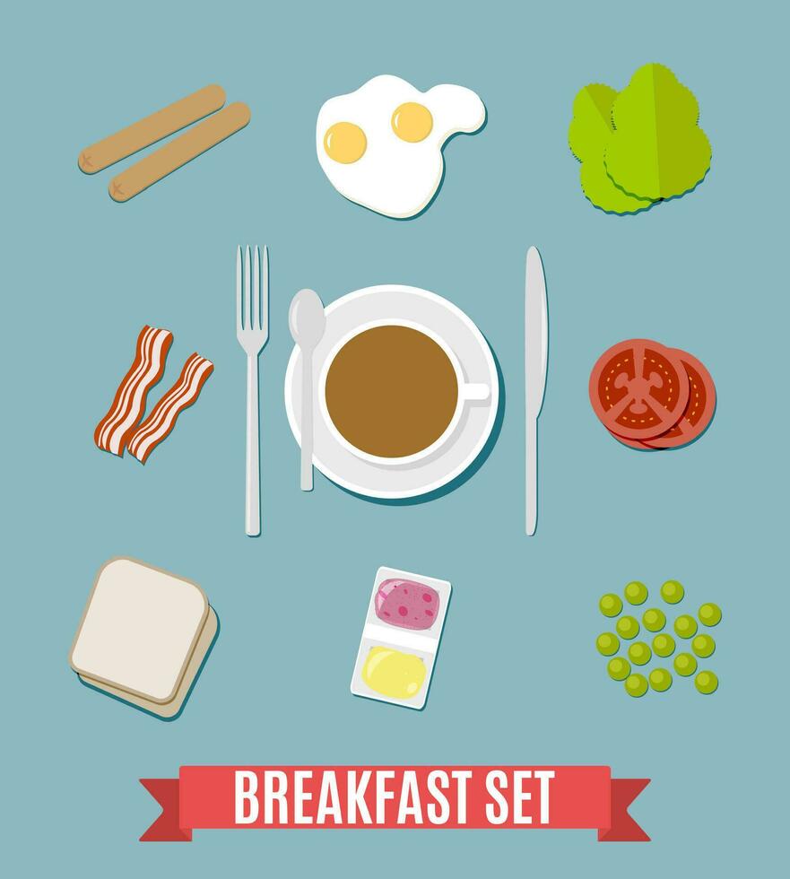 Breakfast set. including sausages, fried eggs, becon, tomato, pea, salad, toasts bread, jam and butter, coffee cup fork spoon and knife. vector illustration in flat design on blue background