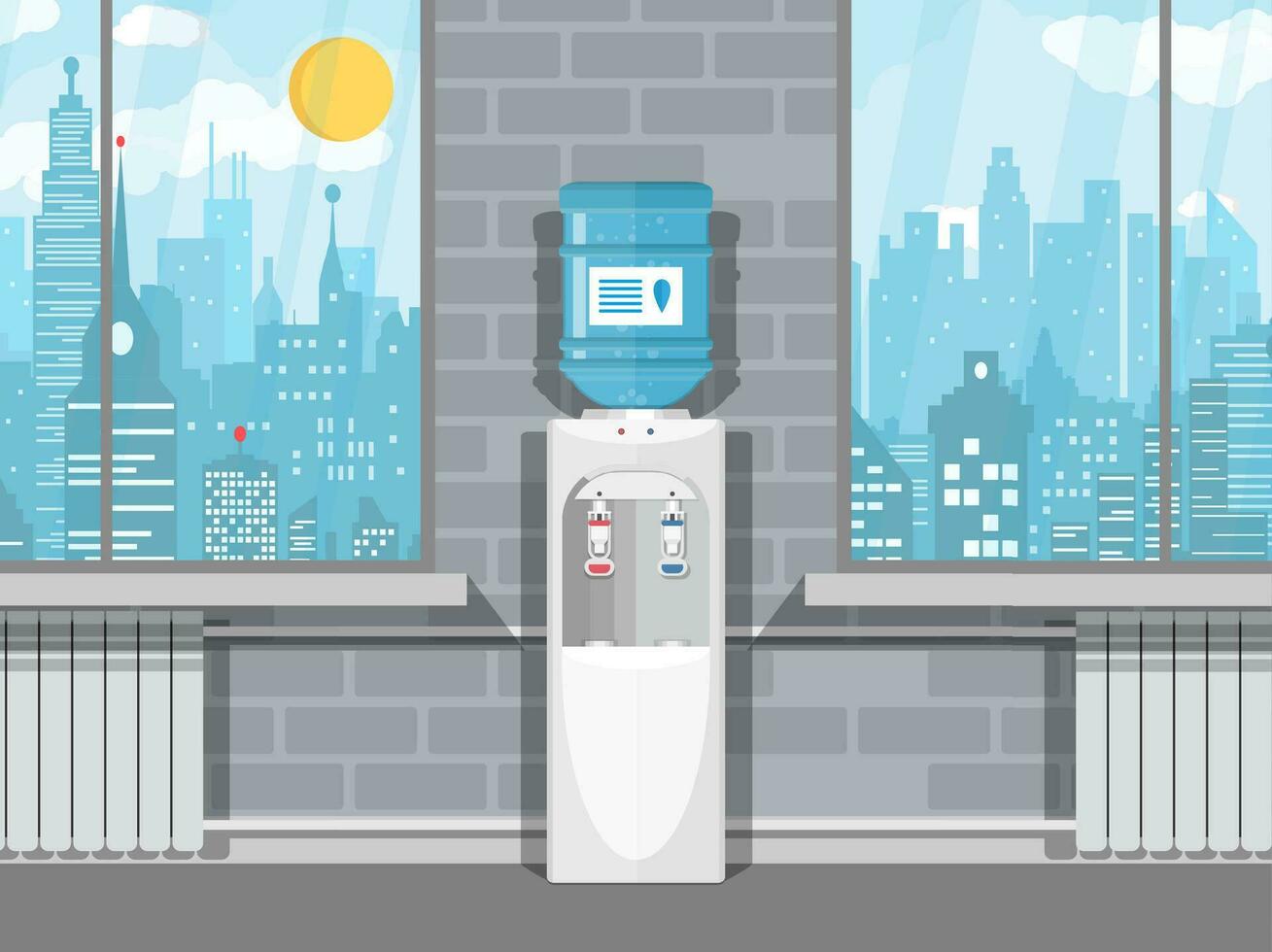 Gray white plastic water cooler with blue bottle. Office building interior. Windows with cityscape. Vector illustration in flat design