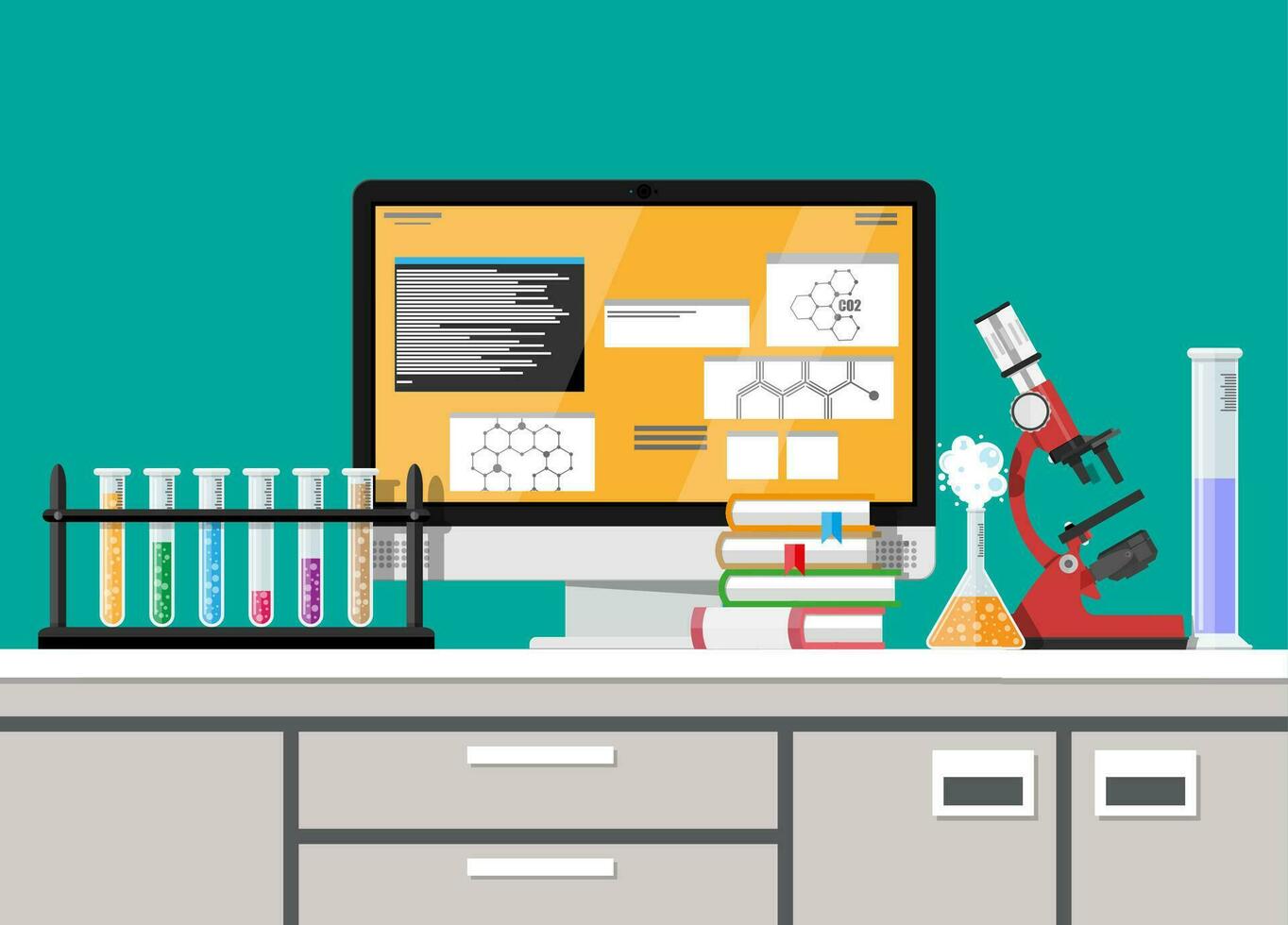Laboratory equipment, jars, beakers, flasks, microscope and pile of books. Computer with software. Biology science education medical. Vector illustration in flat style