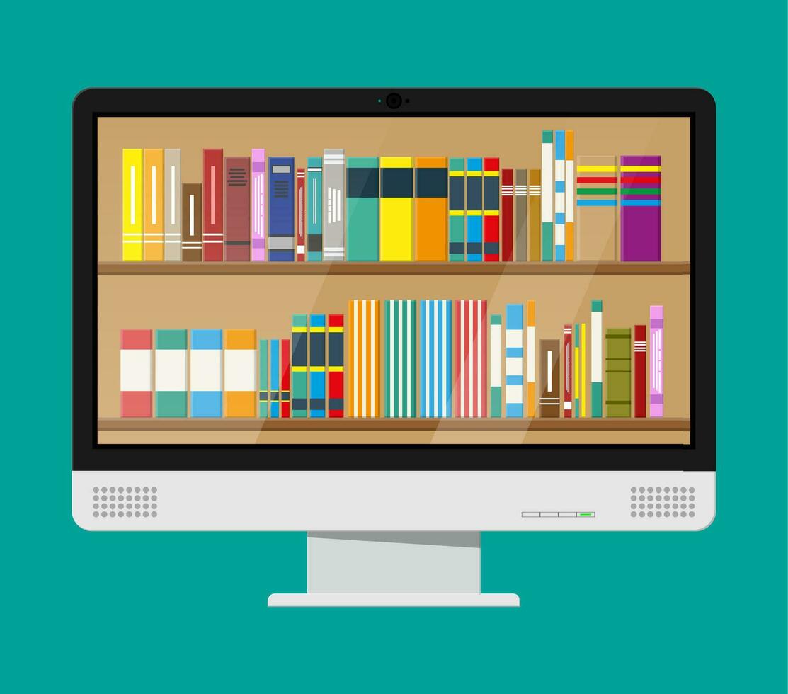 Computer monitor and book shelf. Digital library, online book store, e-reading. Bookcase with different books. Vector illustration in flat style