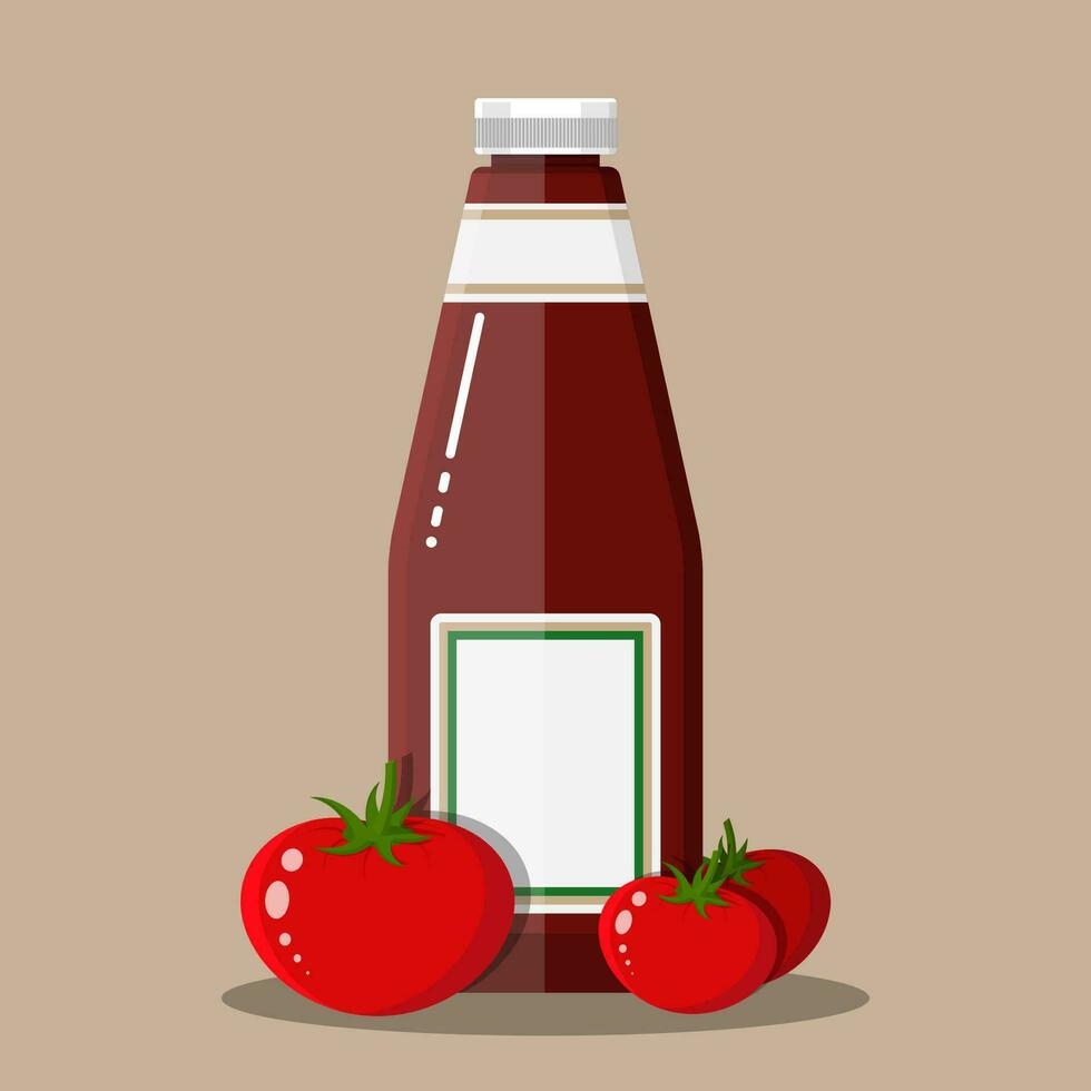 Glass bottle of traditional tomato ketchup and tomato vegetables. Bottle of sauce. Vector illustration in flat style