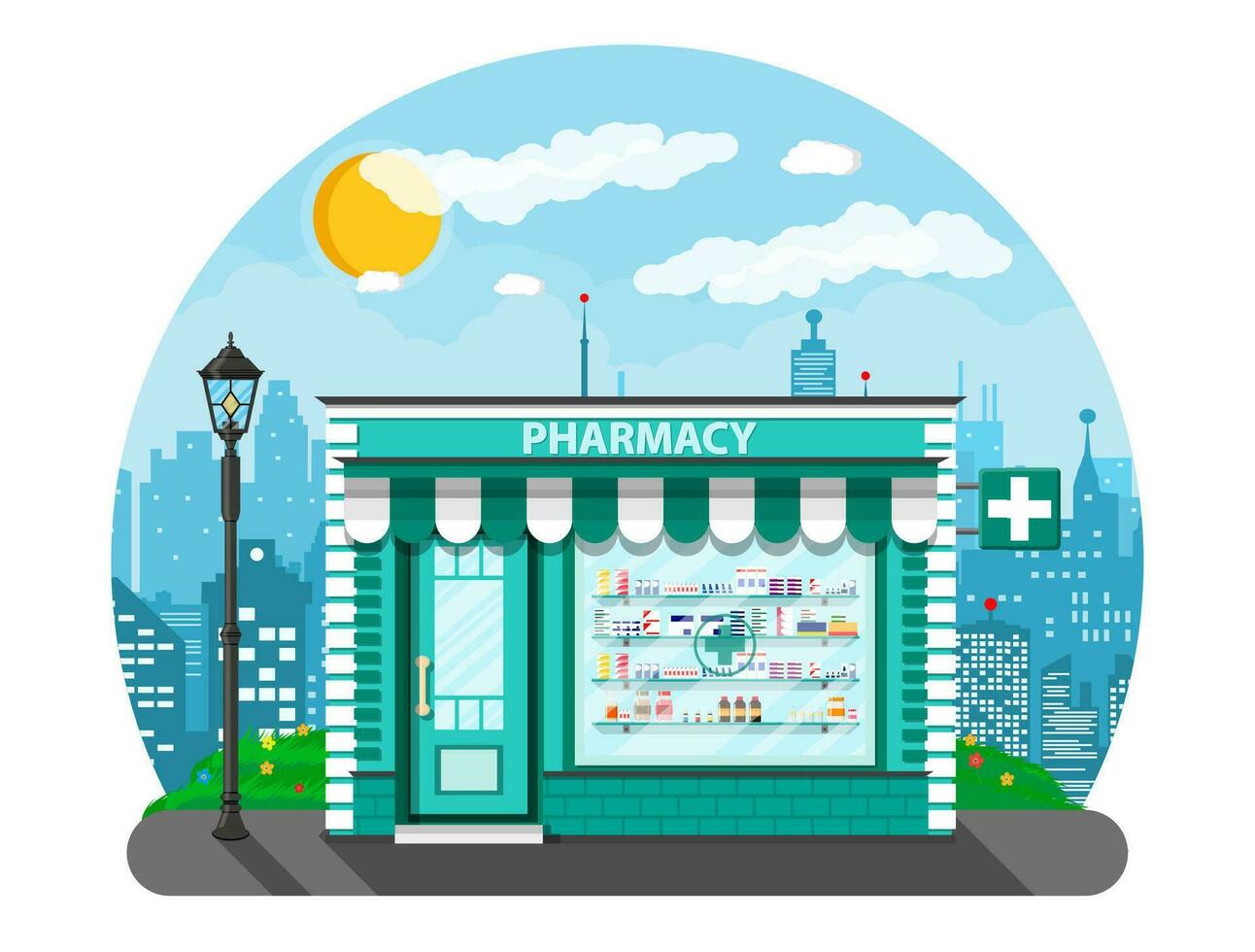 moderno exterior farmacia o farmacia. paisaje urbano, lámpara, edificios, sol, nubes medicina pastillas cápsulas botellas vitaminas y tabletas vector ilustración en plano estilo