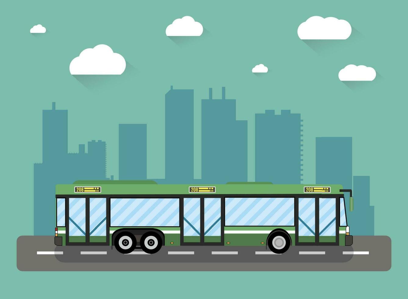 verde ciudad autobús en frente de ciudad silueta y cielo con nubes, vector ilustración en plano diseño