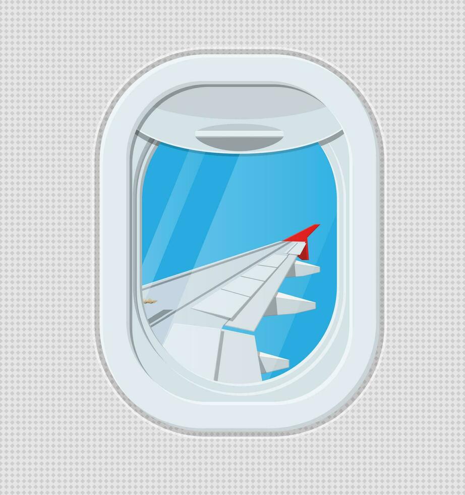 Window from inside the airplane. Aircraft porthole shutter and wing. Air journey or vacation concept. Vector illustration in flat style