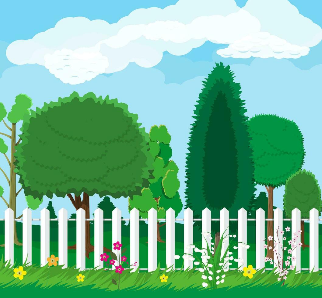 verano naturaleza paisaje con bosque y cerca. vector ilustración en plano estilo