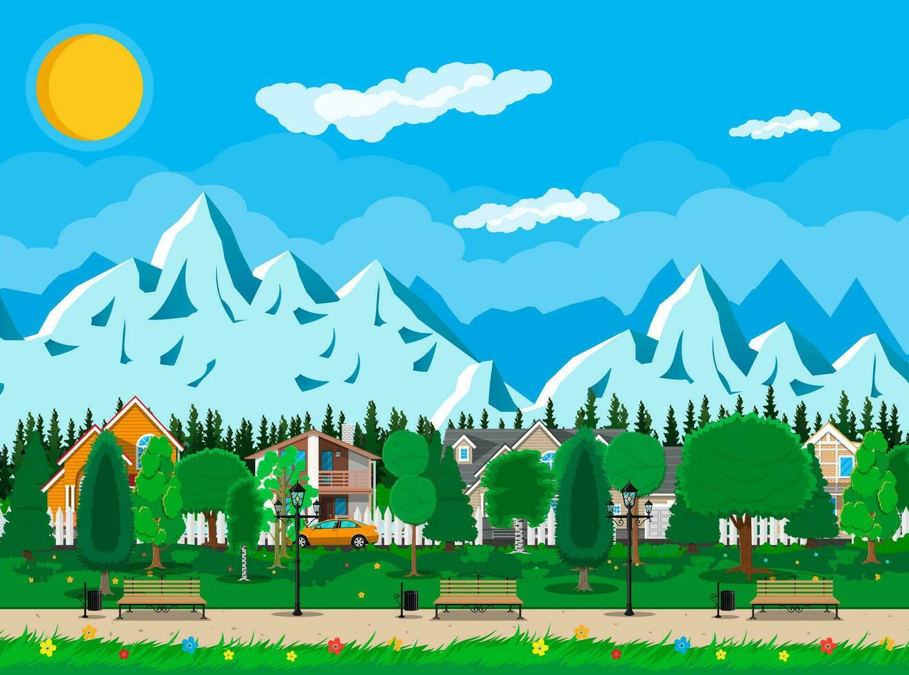 Suburb, wooden bench, street lamp, waste bin in square. Cityscape with buildings and trees. Sky with clouds and sun. Leisure time in summer city park. Mountains. Vector illustration in flat style