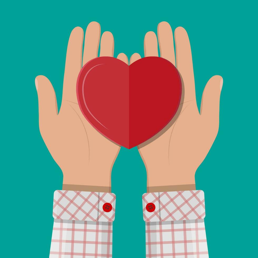 Hands holds and giving red heart. Concept of charity, love, sincerity, relationship. Vector illustration in flat style