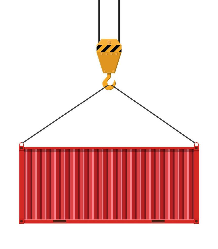 Crane hook lifts metal cargo container. Freight cargo transportation nad logistics. Vector illustration in flat style