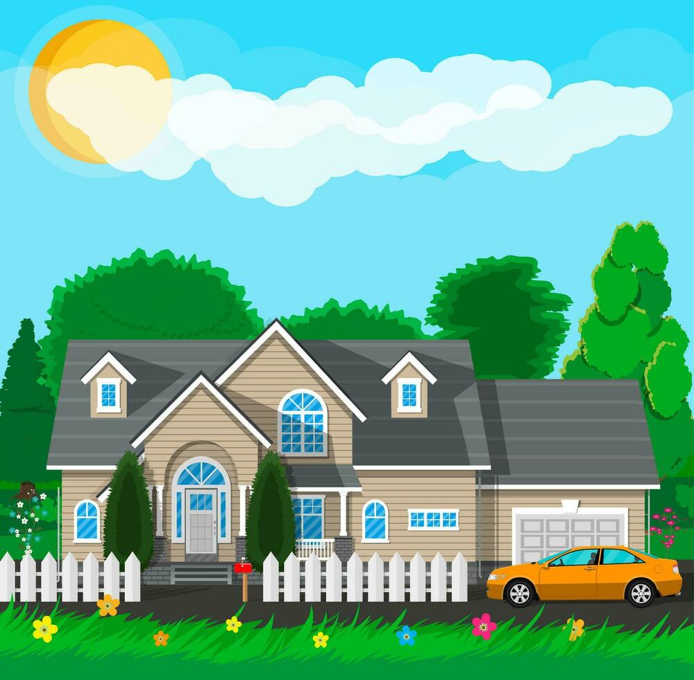 Private suburban house with fence, car, trees, sky, sun and clouds. Vector illustration in flat style