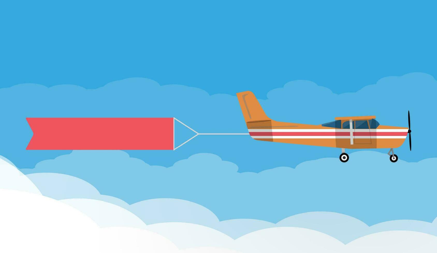 Red flying advertising banner pulled by light orange plane in blue sky with white clouds. vector illustration in flat design