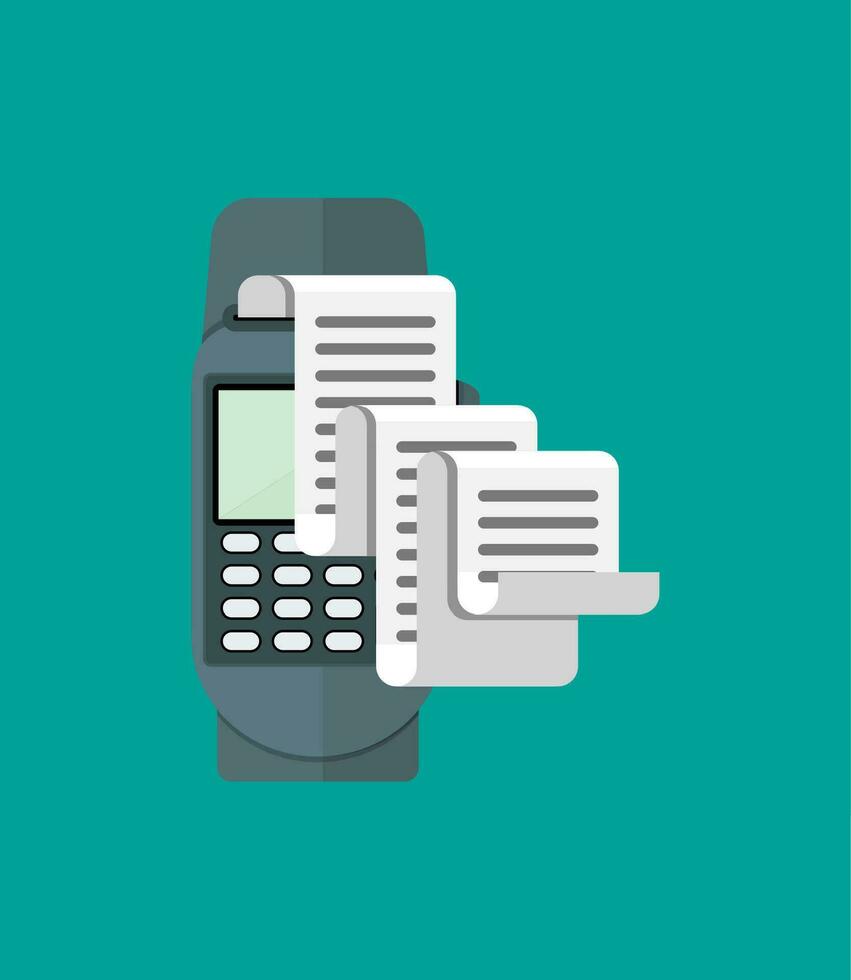 Pos terminal, paper receipt and keypad. Cashless payment. Vector illustration in flat style