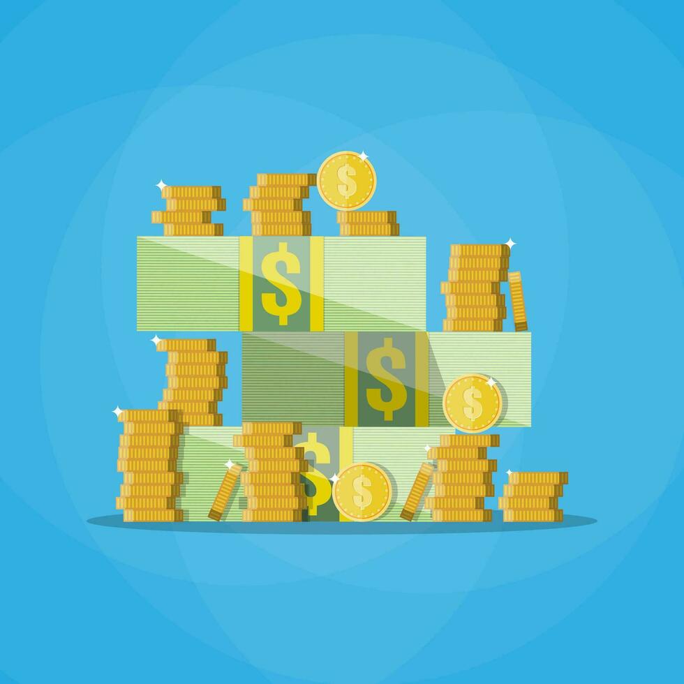 Stacks of cash with a pile of gold coins. vector illustration in flat style on blue background